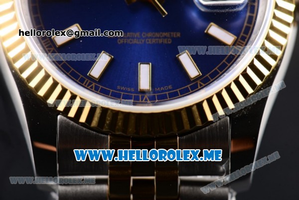 Rolex Datejust Clone Rolex 3135 Automatic Two Tone Case/Bracelet with Blue Dial and Stick Markers (BP) - Click Image to Close